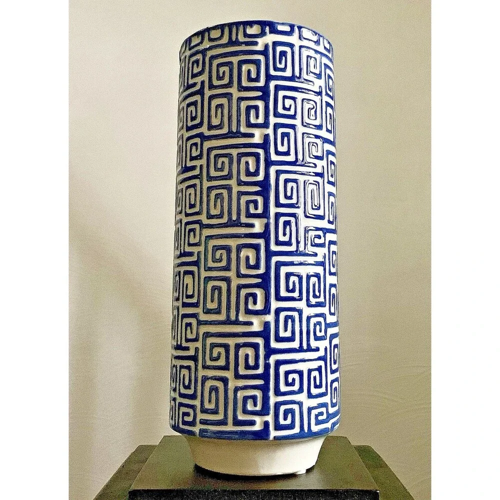 Vtg Inspired Blue White Greek Key Ceramic Vase Chinoiserie Hollywood Regency 10